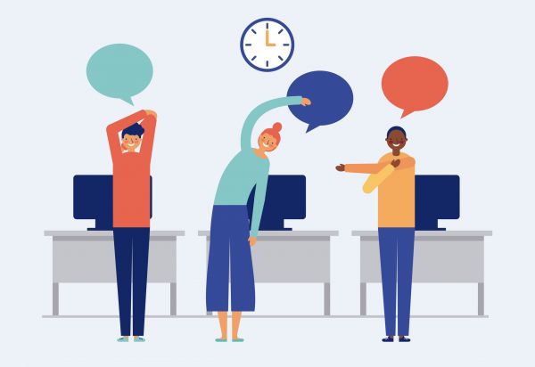 people active breaks active breaks woman and men stretching the body in the office vector illustration