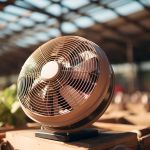 Electric fan propeller spinning, cooling indoors in summer heat generated by AI Electric fan propeller spinning, cooling indoors in summer heat generated by artificial intelligence