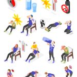 Heat Stroke Isometric Collection Heat stroke isometric set with isolated icons of water glass clock sun images and suffering people vector illustration